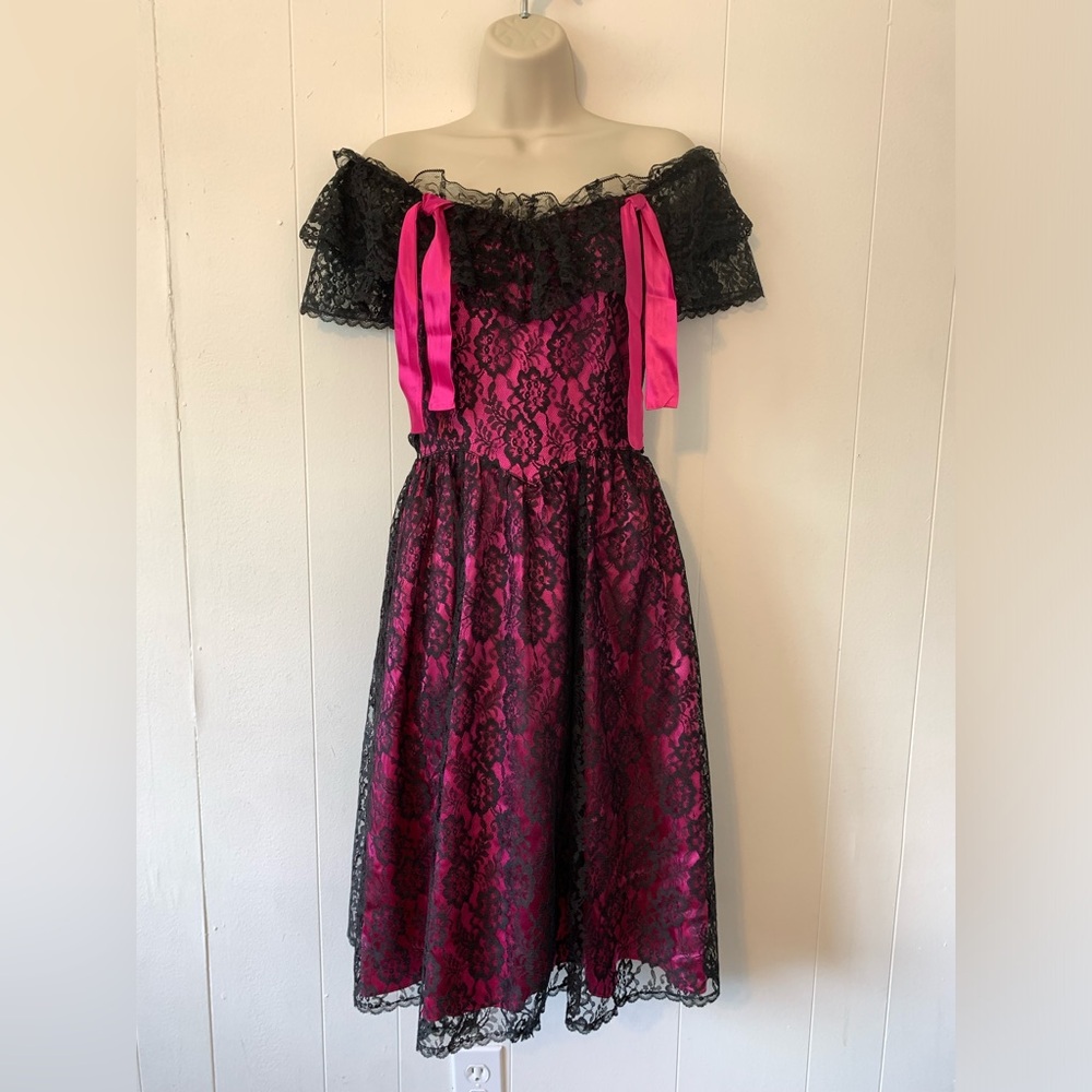 VTG Gunne Sax Women Girl XXS, XS Dress, Punk Grunge 1980s Black Pink Lace Dress